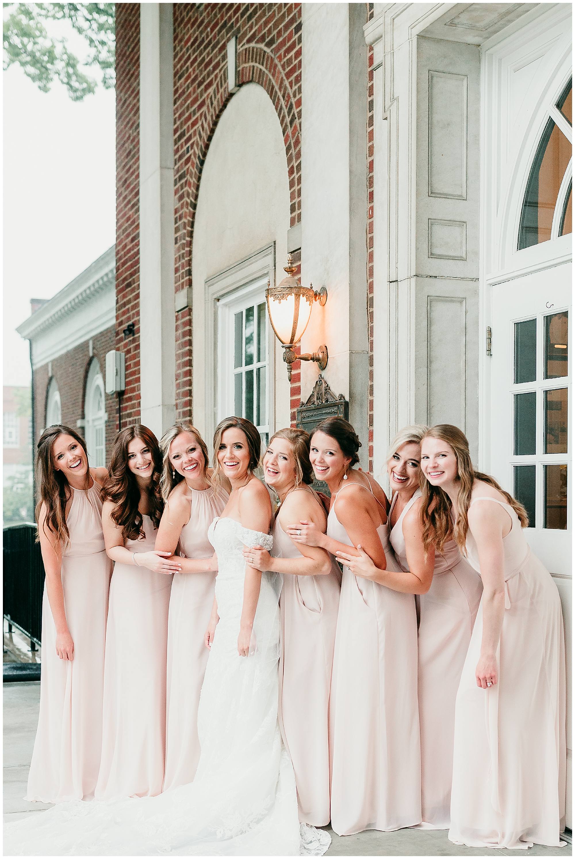 bridal party, blush bridesmaids dresses
